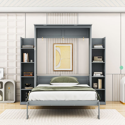 Rashem Wood Murphy Bed with Shelves and LED Lights