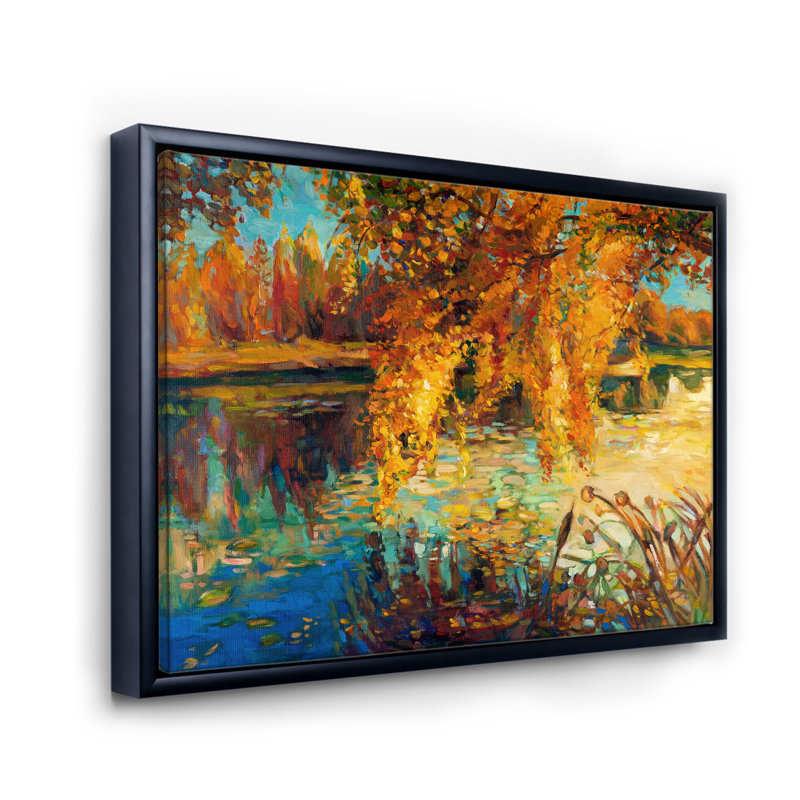 Forêt d'automne orange - peinture sur toile, H 30 po x l 40 po x 1,5 po, Cadre flottant noir