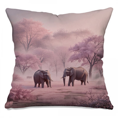 Elephants In Pink Forest Double Sided Throw Pillows