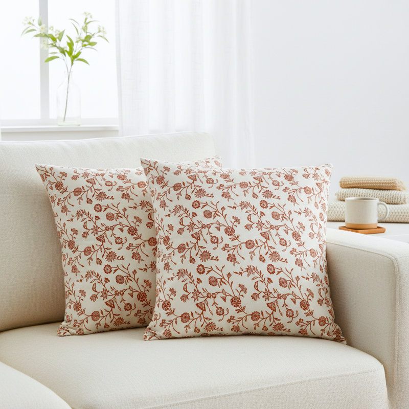 Floral Pillow Covers Vintage Flowers On Vine Design, Cotton Cushion Cover With Botanical Pattern Pack of 2, 20"H x 20"W