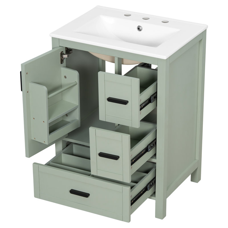 24" Bathroom Vanity With Ceramic Top, Cabinet And Drawers, Green, Black