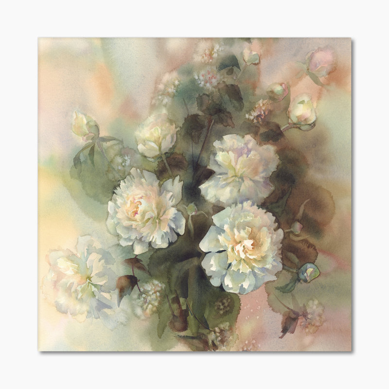 Bouquet abstrait de pivoines blanches - Décoration murale traditionnelle sur toile, H 16 po x l 16 po x P 1 po, Toile tendue