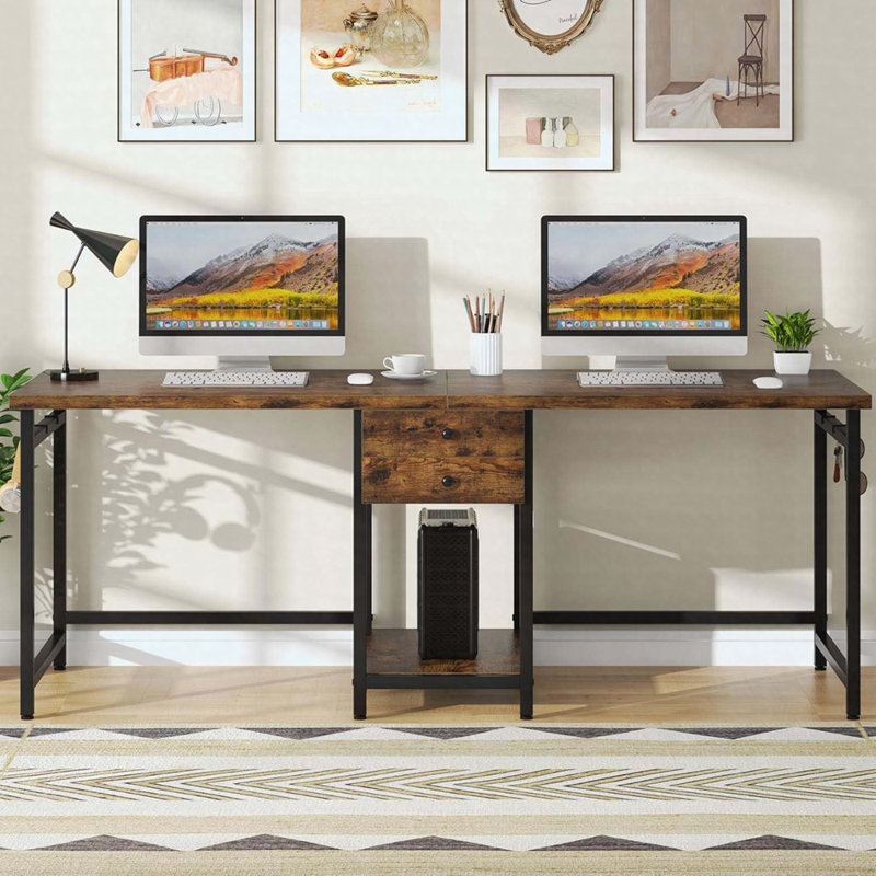 Jenacia Metal Base Computer Desk, Brown/Black