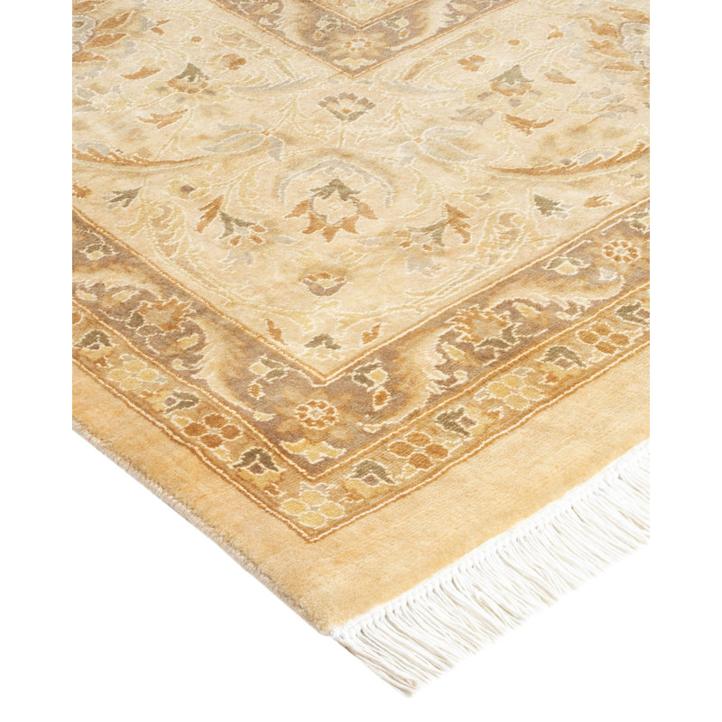 Tapis unique ivoire / brun / jaune noué à la main 9 pi x 12 pi 2 po Hayner