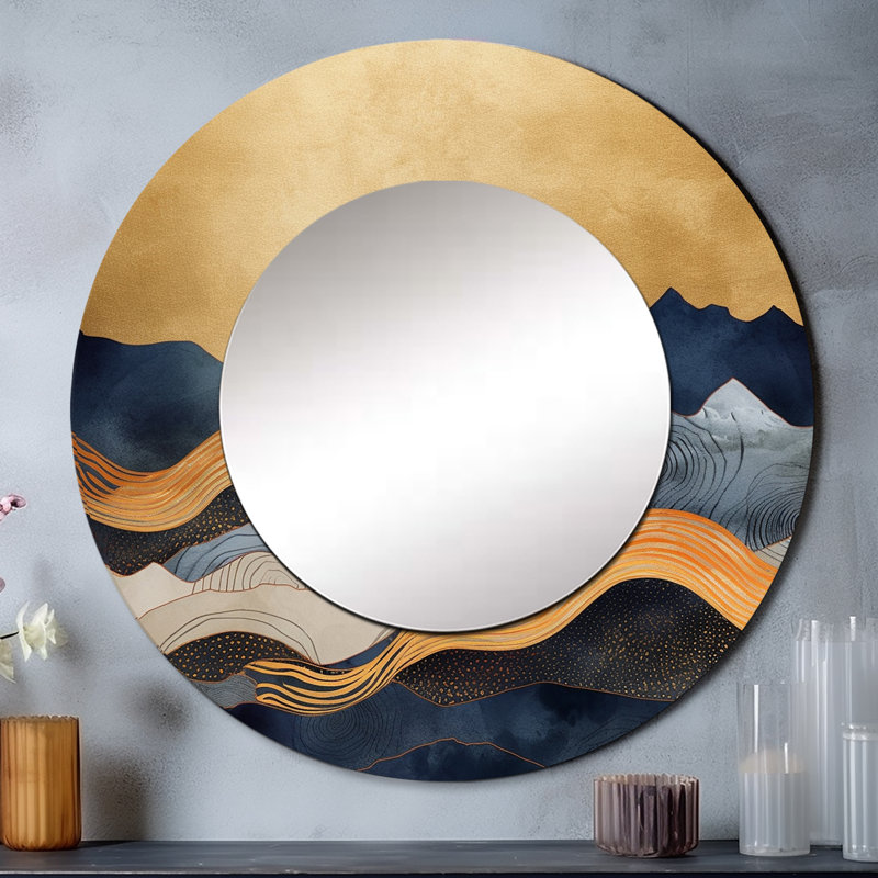 Abstrait montagnes - grand miroir mural paysager, miroir décoratif rond jaune, impression d'art en métal, 29 po x 29 po