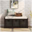 Banc de rangement rustique avec 3 paniers en rotin classiques amovibles, banc d'entrée avec coussin amovible (espresso)-1276723739