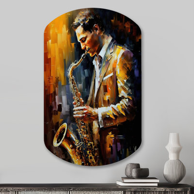 Fawcett Saxophone Player On Stage I - Cylindre musique, art mural en métal, sculpture asymétrique en métal