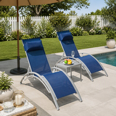 Ensemble de 3 chaises longues d'extérieur en aluminium avec table d'appoint en métal