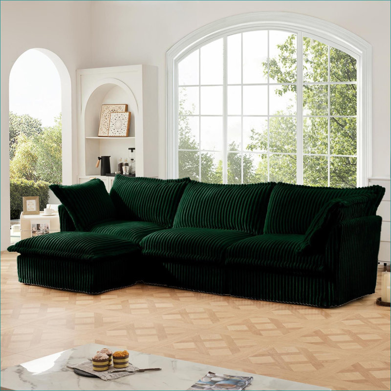 Canapés modulaires | Canapé moderne en forme de L à 3 places pour siège de bureau | Vert olive | Velours côtelé