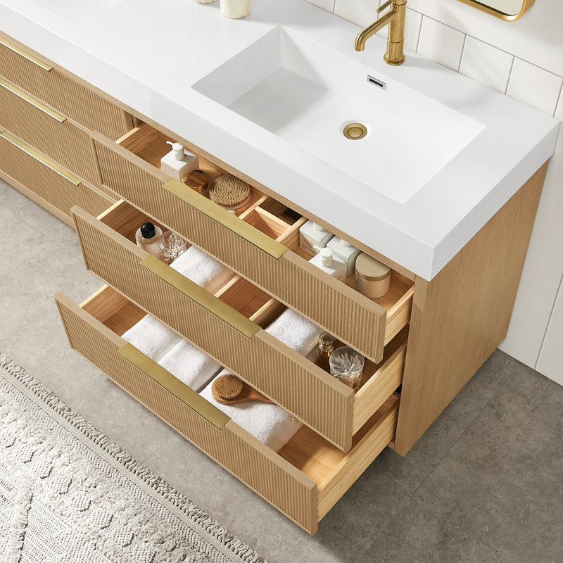 Grunwald 72" Double Bath Vanity in Washed Ash Grey with White Integrated Stone Sink Top