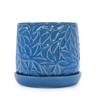 Of 2 7" Navy Blue Modern Ceramic Planters, Frost-, Weather-, Drainage Function For Plant Wellness Flowerpot In Antique Blue, Construction, Hole Growth, Indoor/Outdoor Use