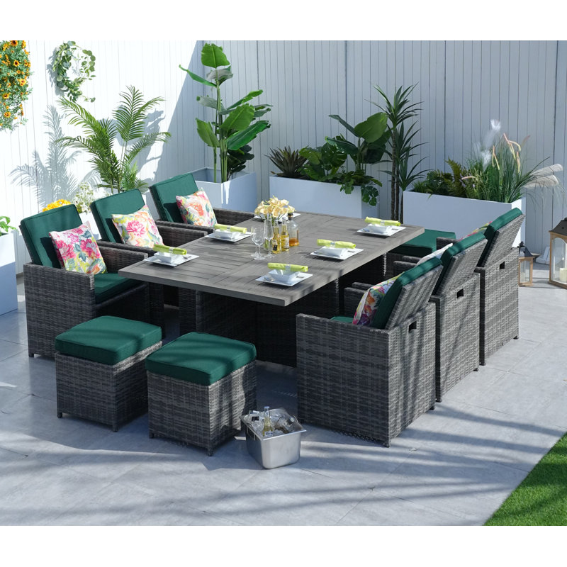 6 - Person Patio Dining Set Umbrella Hole Included Rectangular Table with Cushions Included, Atrovirens, Gray