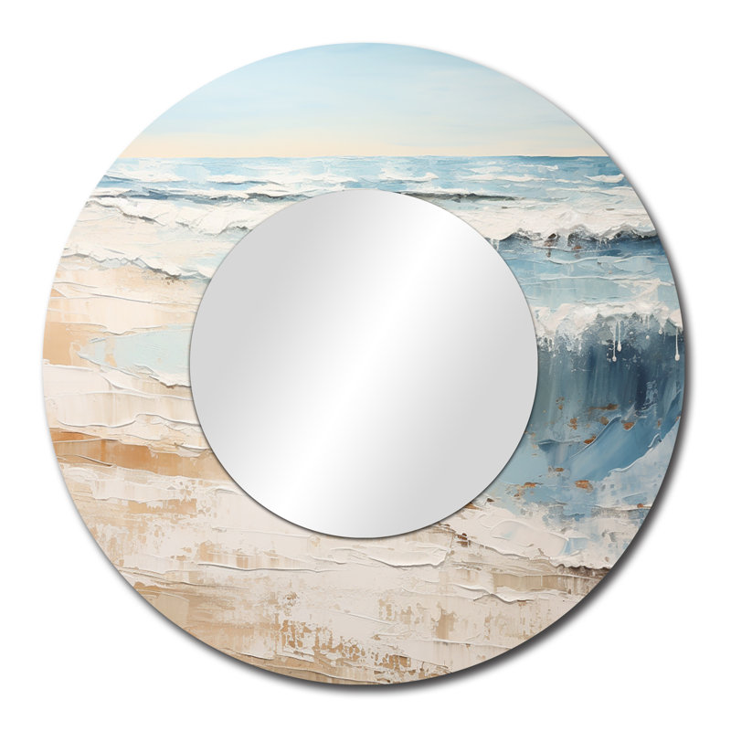 Golden and Blue Beach Tranquility I - miroir de plage, miroir mural rond beige, impression d'art en métal, 29 po x 29 po
