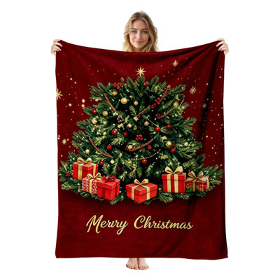 Plaid de Noël en flanelle polaire JYK, léger, respirant, doux, chaud et confortable en microfibre pelucheuse, 127 x 152 cm, motif sapin lumineux et cadeaux