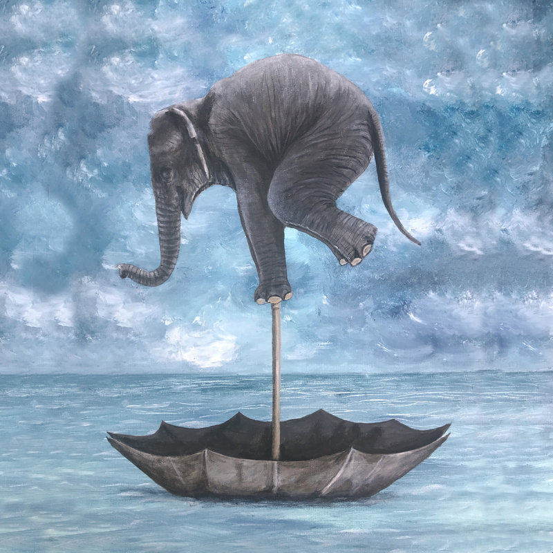 Éléphant en équilibre - peinture sur toile tendue, H 36 po x l 36 po, Cadre simple érable érable, Non