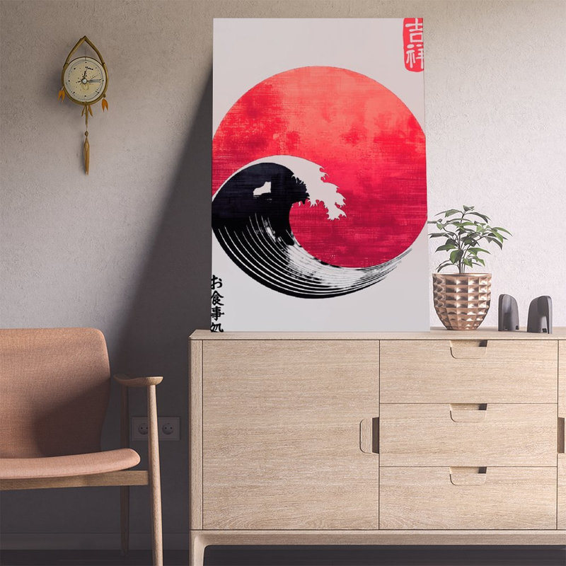 Impression sur toile, vague japonaise, reproduction du soleil rouge, affiche rétro, 12 po x 18 po
