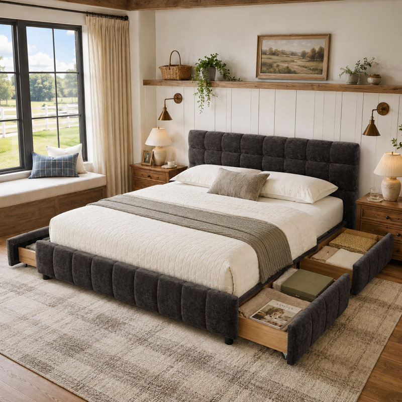 Lit plateforme tapissier en chenille moderne avec quatre tiroirs sous le lit, Gris foncé, Très grand lit