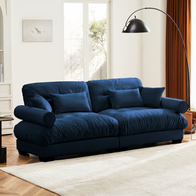 Velours bleu à 2 places avec coussins de siège élégants à aspect nuage et coussins décoratifs à deux places
