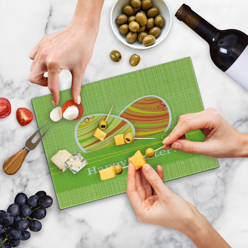 Ambesonne Easter Tempered Glass Cutting Board Striped Eggs Multicolor