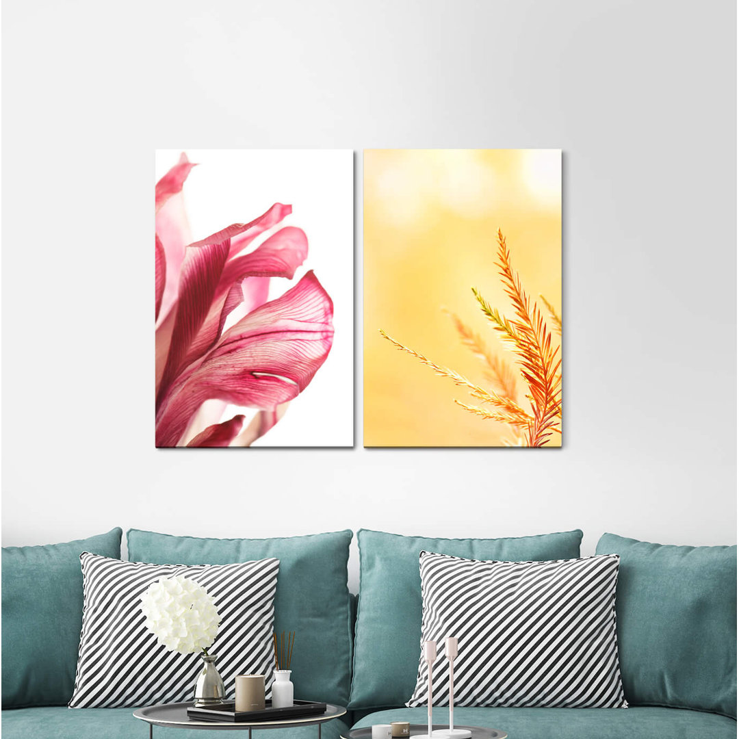 2-tlg. Leinwandbilder-Set - Grafikdruck „Flower Blossom Red Gold Fir Branch”