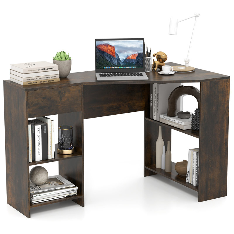 L-Shaped Computer Desk Compact Corner Executive Desk W/Storage-White, Brown