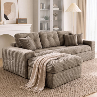 Boneless 105.1" Faux Rabbit Fur Sectional Compression Sofa 3 Pieces L Shaped Modular Cloud Couch With Removable Ottoman & Pillows