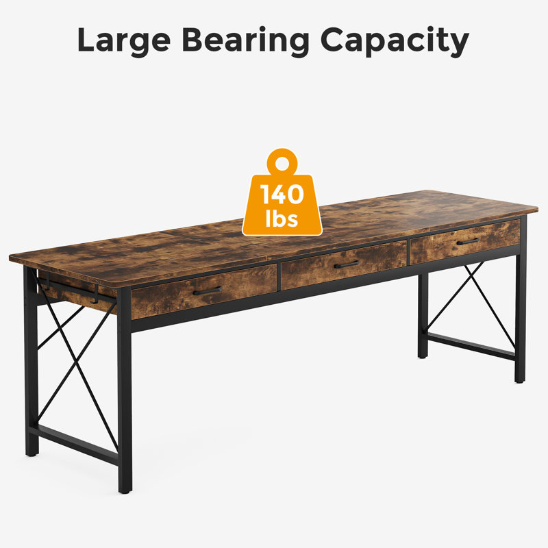Tayesha 78.74'' W Double Computer Desk, Two Person Desk with 3 Drawers & 4 Hooks, Brown