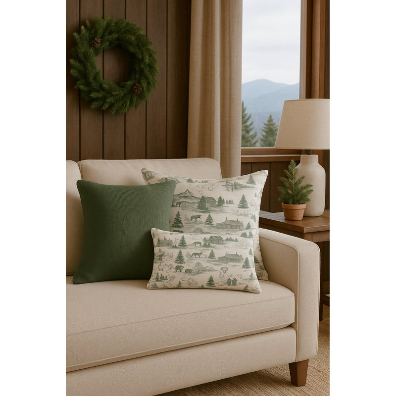 Green Christmas Toile Linen Euro Pillow 26x26 with Down Insert, Square 26", Down Blend