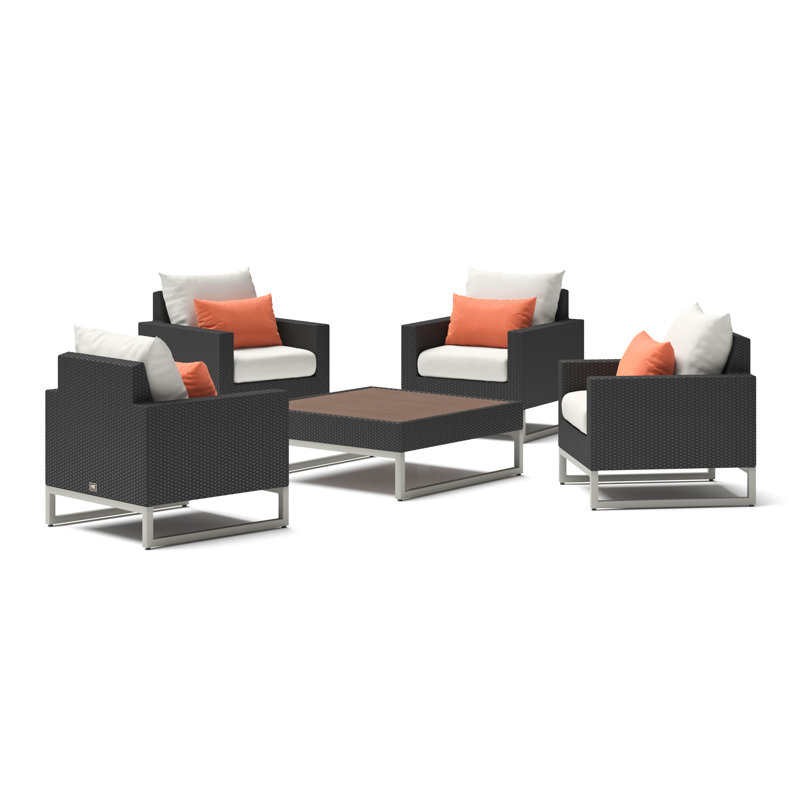 Atie Espresso 5 Piece Sunbrella Outdoor Club Chair Conversation Set - Cast Coral, White