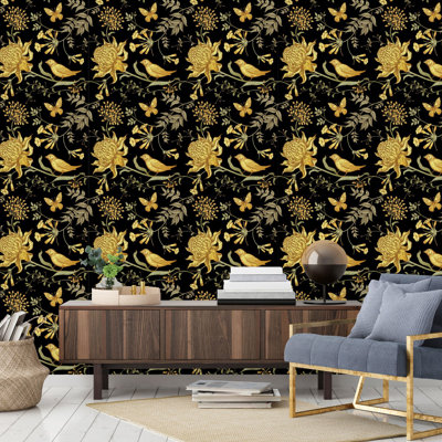 Fleurs et oiseaux sur fond sombre