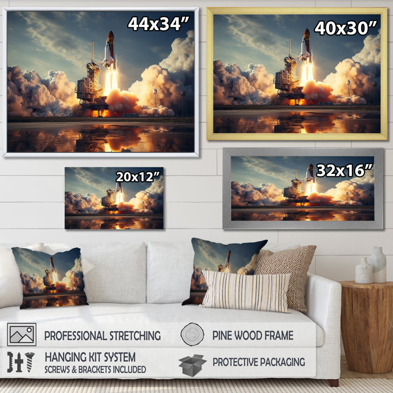 Navette spatiale épique Lancement I - Navette spatiale, art mural, H 12 po x l 20 po x P 1 po, Cadre flottant doré