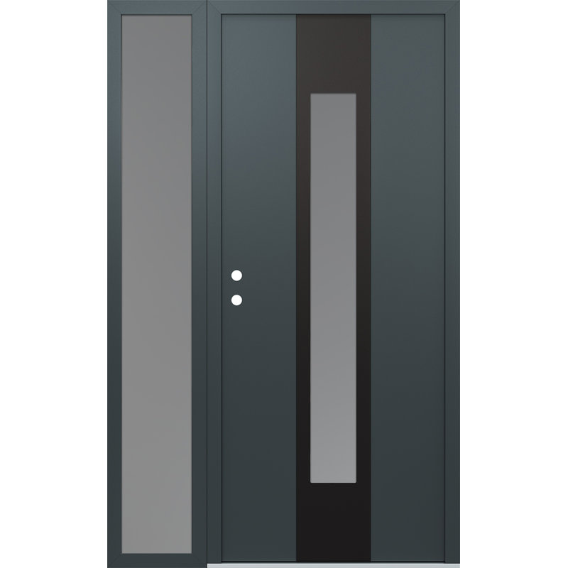 Porte d'entrée pré-suspendue en acier noir avec panneau latéral droit et côté droit, L 53,25 po x H 81,69 po, Argent