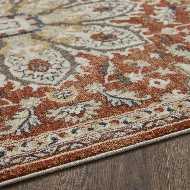 Tapis oriental en polypropylène tissé à la main en rouge / beige / gris, Rectangle 9 pi 10 po x 12 pi 10 po