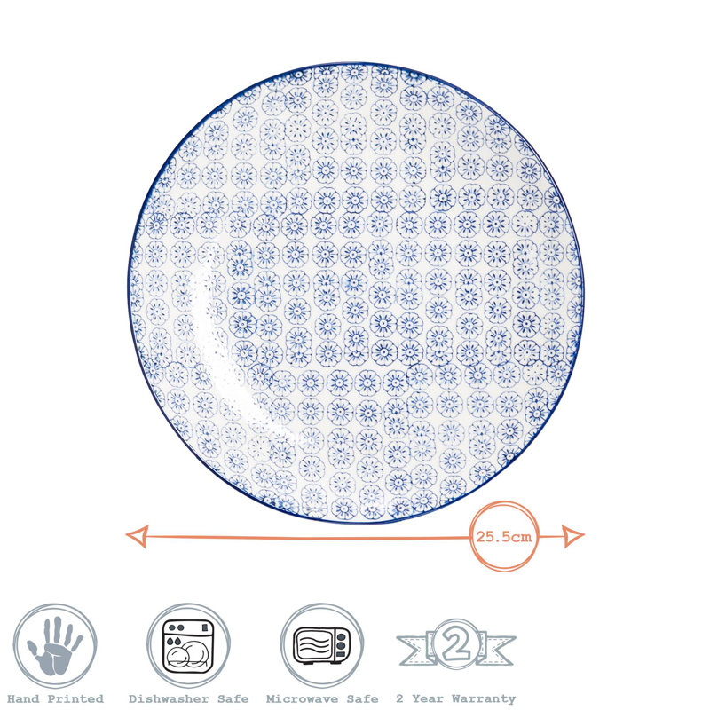 Nicola Spring Hand-Printed Dinner Plates - 25.5cm - 3 Colours - Pack of 6