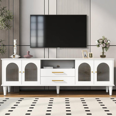 Charming Retro TV Stand With Fluted Glass Doors And Solid Wood Legs For Living Room