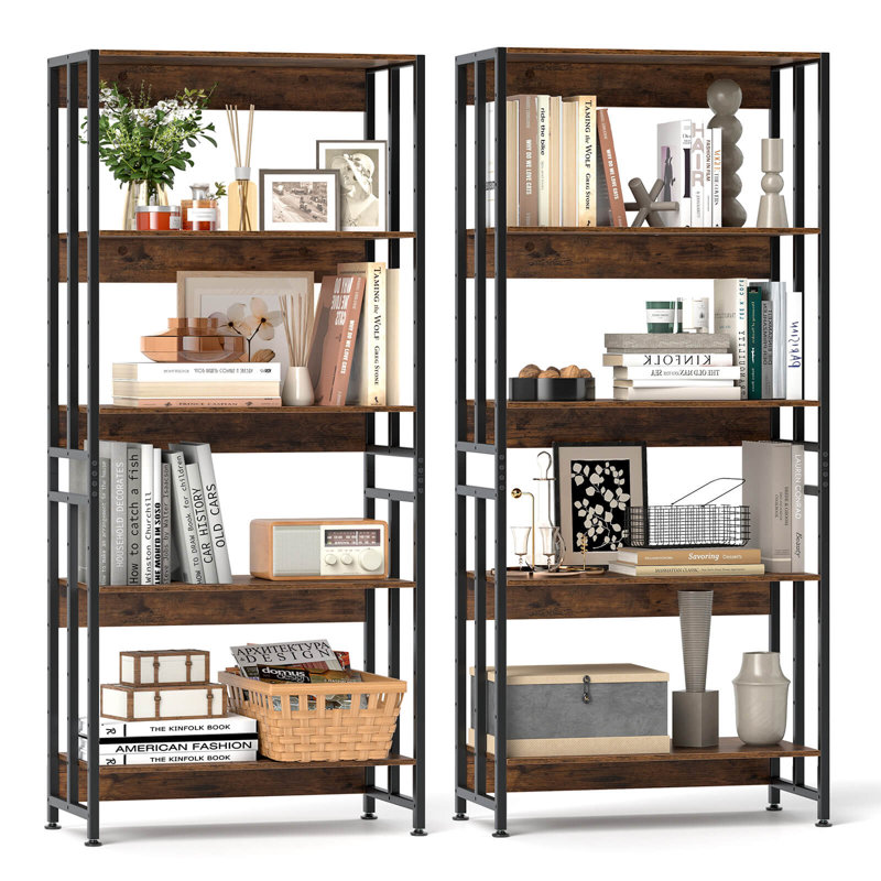 2 Pcs 5 Tier Bookshelf 62" Tall Bookcase With Tiltable Shelves Display Storage Rack, Brown/black