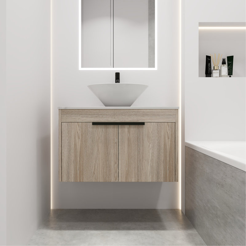 Meuble-lavabo mural moderne 30 po avec lavabo en chêne blanc et céramique