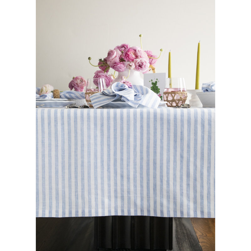 Sky Blue and White Striped Linen Rectangular Tablecloth