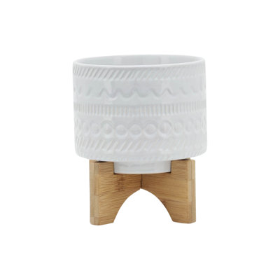 5" TRIBAL PLANTER W/ WOOD STAND, WHITE
