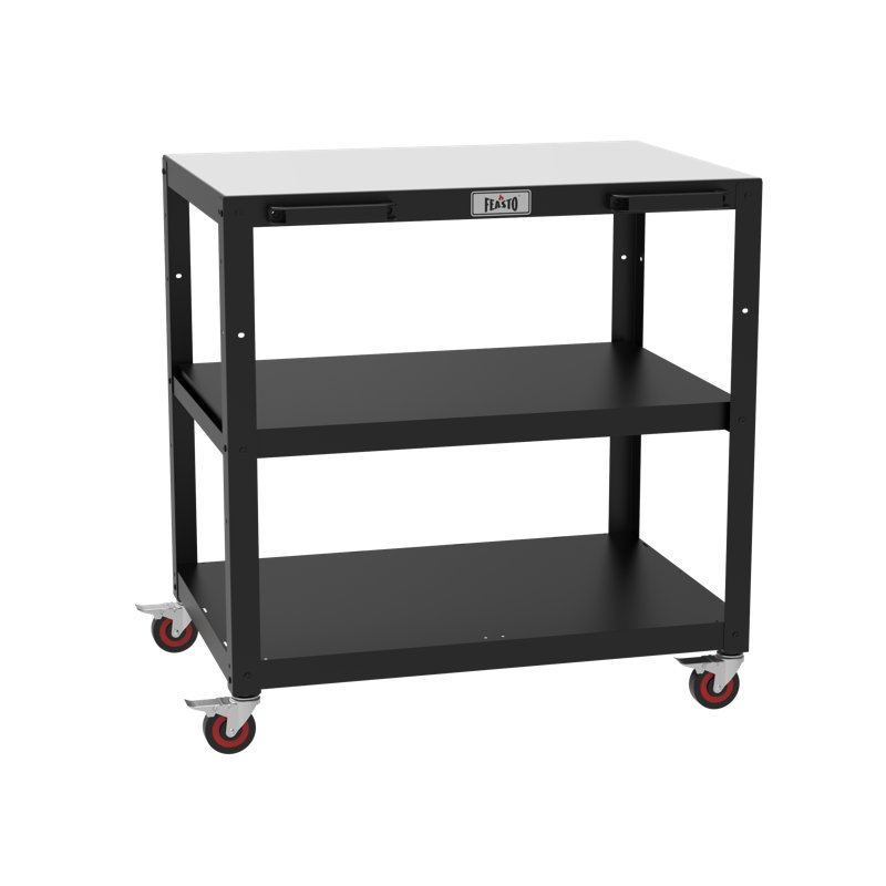 Îlot de cuisine extérieur de 35 po avec plateau en acier inoxydable FEASTO - Chariot de préparation de barbecue mobile à 3 niveaux et support à pizza