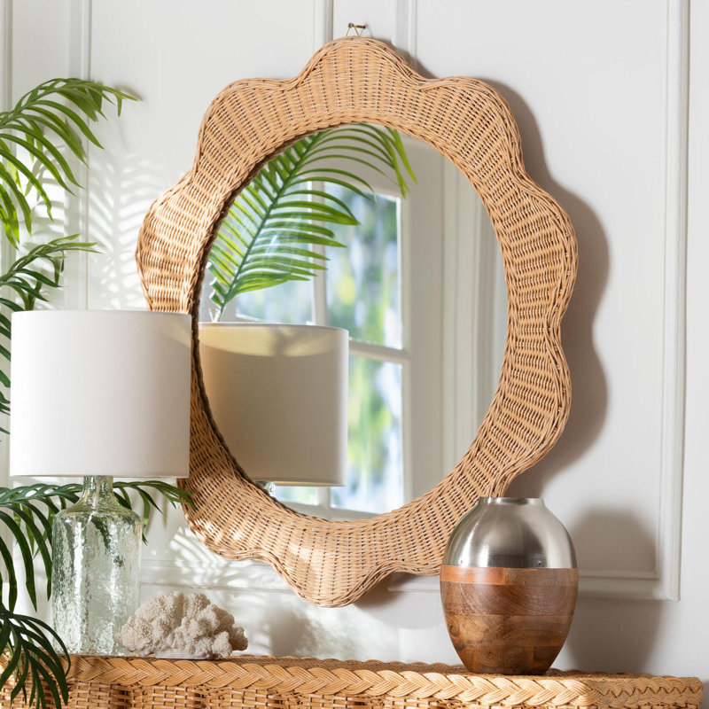 Bali & Pari Makoto Scalloped Natural Rattan Wall Mirror - Handwoven Wicker Round Frame, Boho Coastal Accent Wall Decor For Entryway, Bedroom, Or Living Room