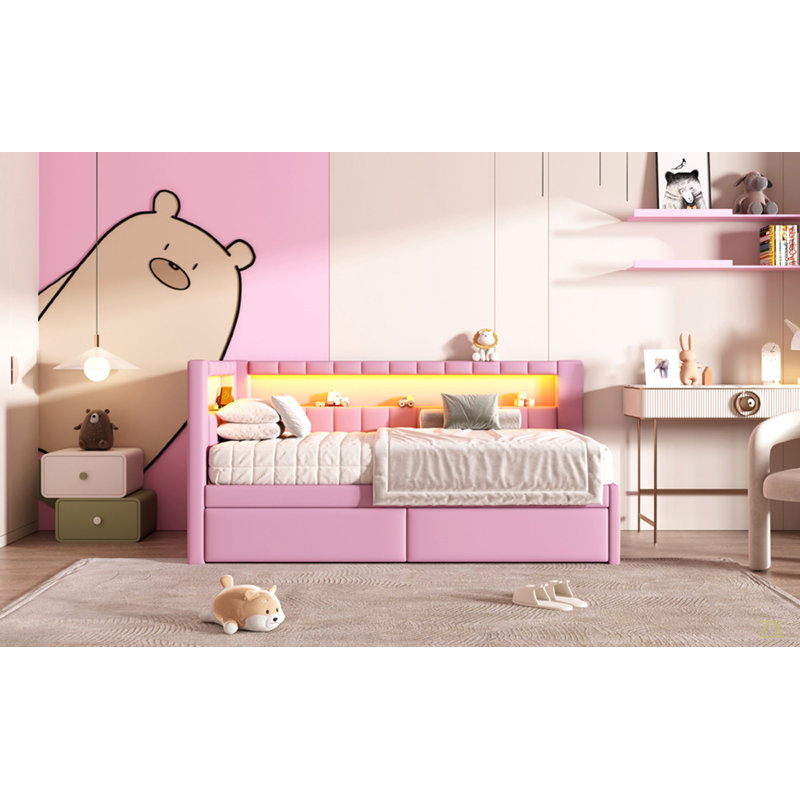 Lit plateforme tapissier simple avec ports USB et ceinture à DEL, avec 2 tiroirs, Rose