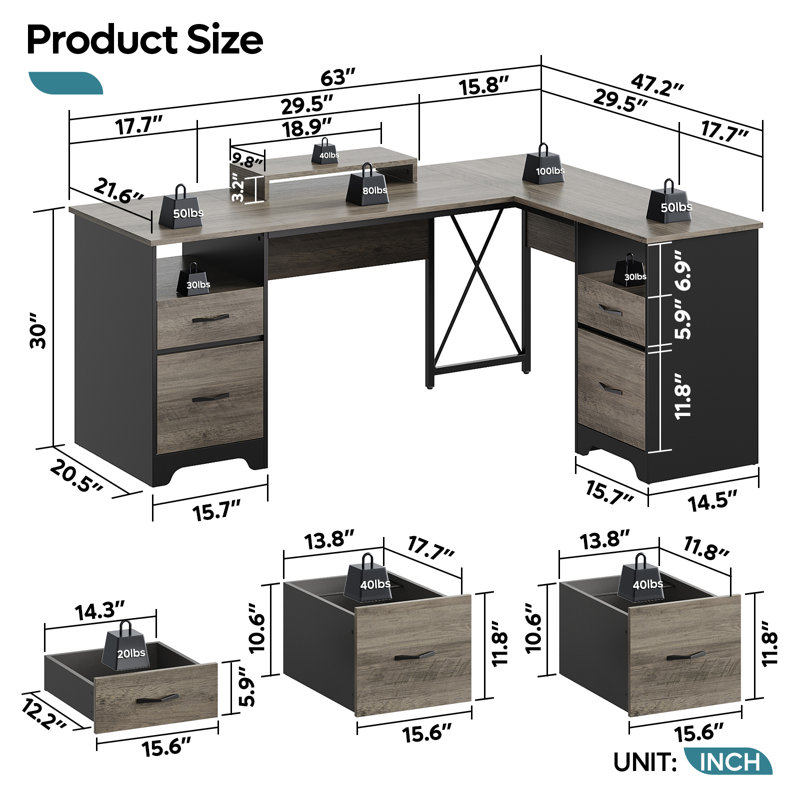Daymen 63'' L Shaped Home Office Desk with 2 File &Storage Drawers, Corner Executive Desks with Monitor Stand and Open Compartments