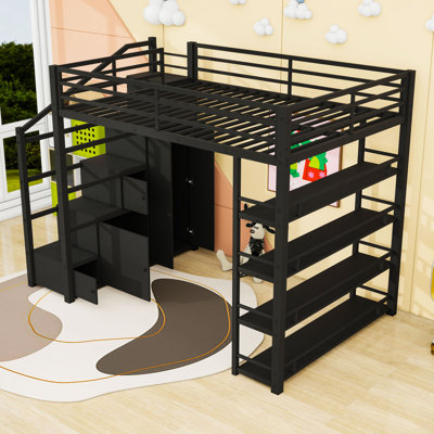 Full Metal Loft Bed With Shelves And Storage Stairs