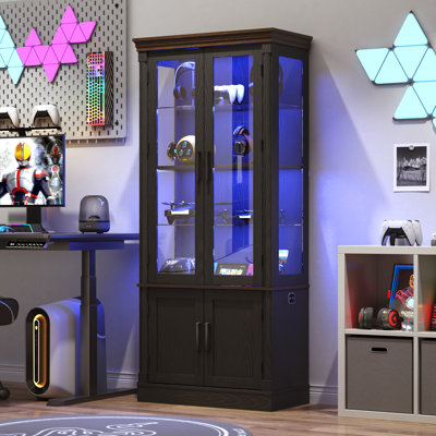 Vitrine de 71 po de hauteur avec portes en verre, vitrines lumineuses à 4 niveaux avec 2 portes de rangement et poignée en métal pour le salon, le bureau personnel et la cuisine