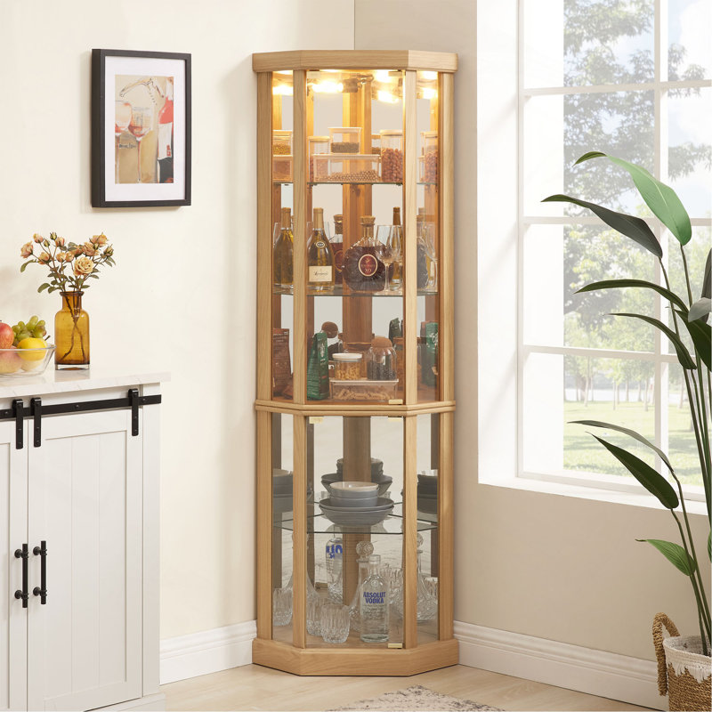 Corner Lighted Curio Cabinet Corner Glass Cabinet Lighted Curio Cabinet Corner Display Case For Living Room, Curio Cabinet, Antique Collection, Wine,Bar Glass Storage Light Included