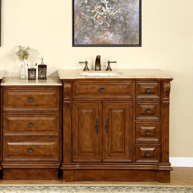 Tevis 58'' Single Bathroom Vanity with Travertine Top, Sink on the Left
