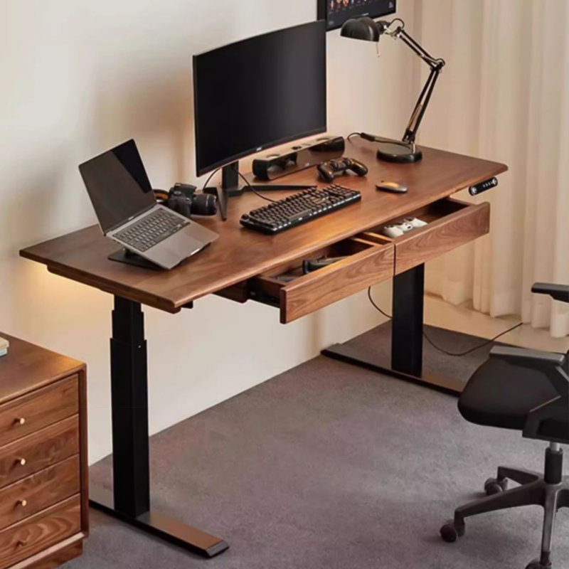 Adjustable Height Solid Wood Steel Executive Desk, H 49,21 po x l 55,12 po x P 27,56 po