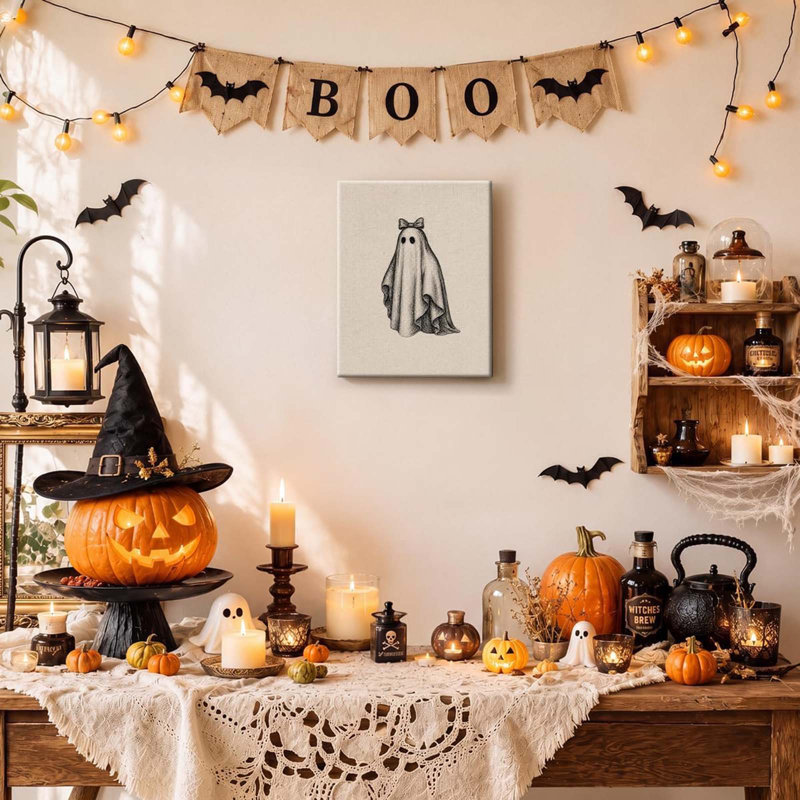 Bow Ghost Halloween Canvas Wall Art 30x40cm