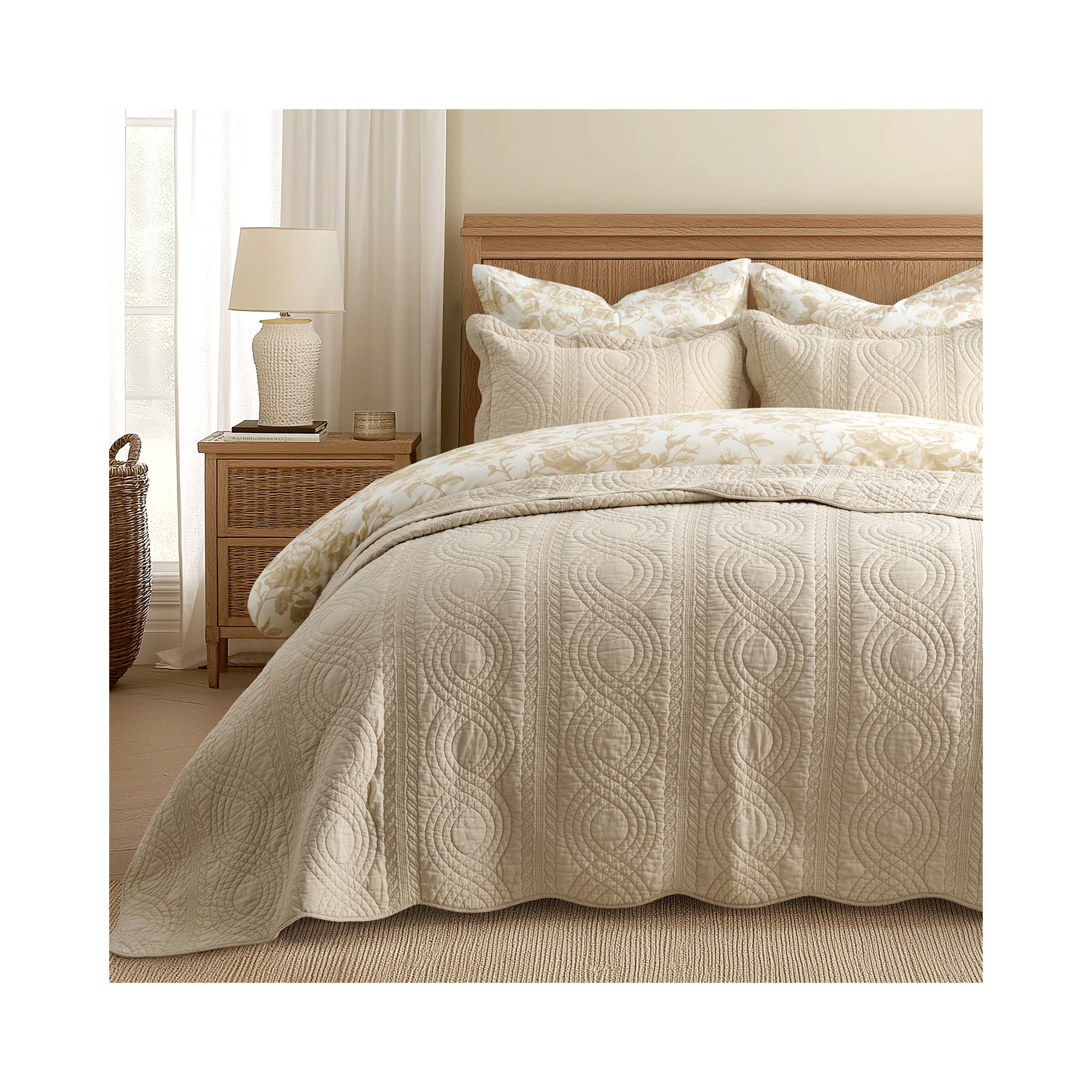 Scallop Edge 100% Cotton Quilt Set, Queen Quilt + 2 Queen Shams, Flax Beige